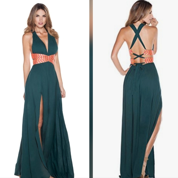OndadeMar Dresses & Skirts - Dark Green Halter Maxi Cutout Dress